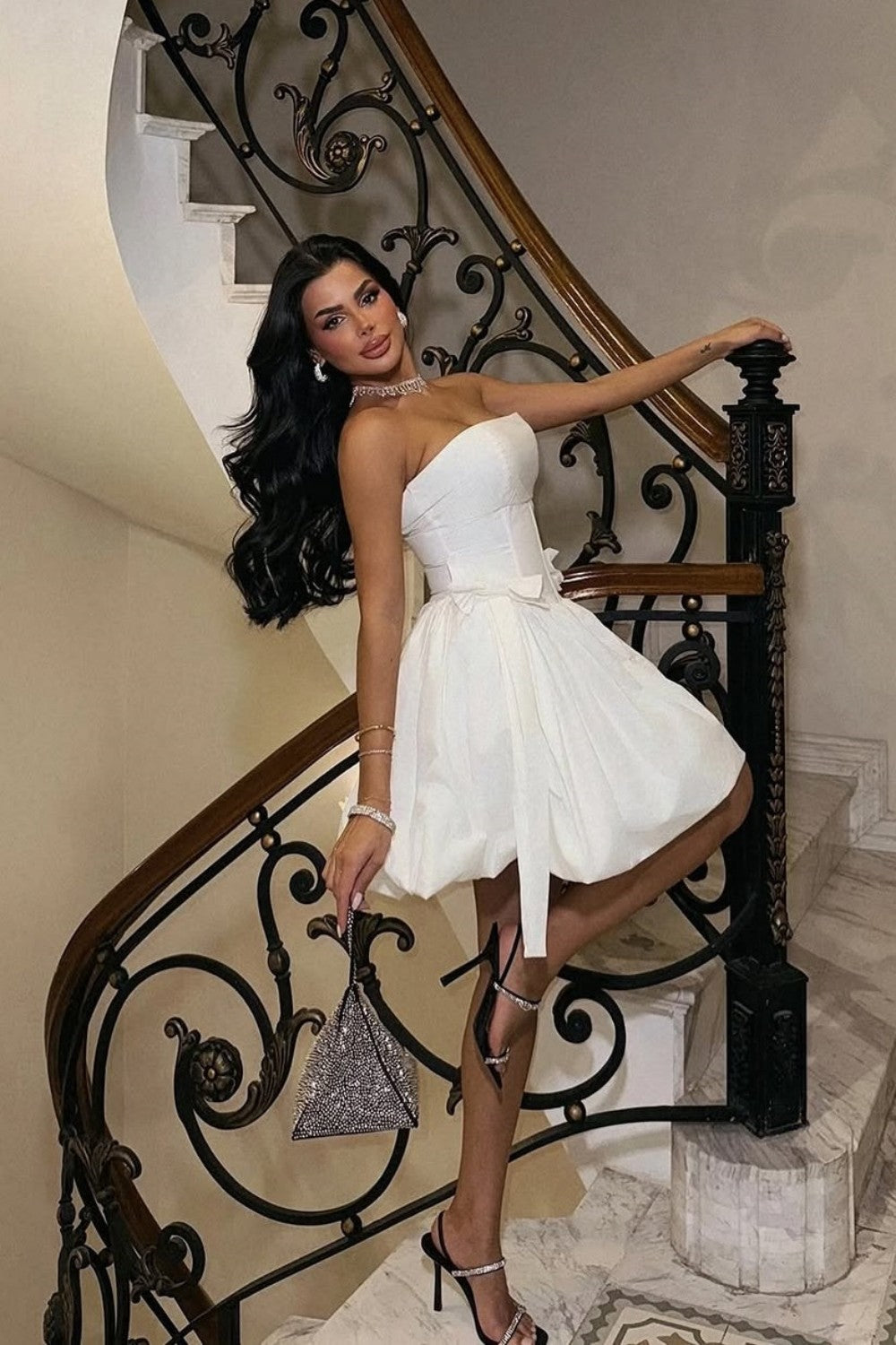 Elegant White Strapless Corset Mini Ball Gown with Voluminous Skirt