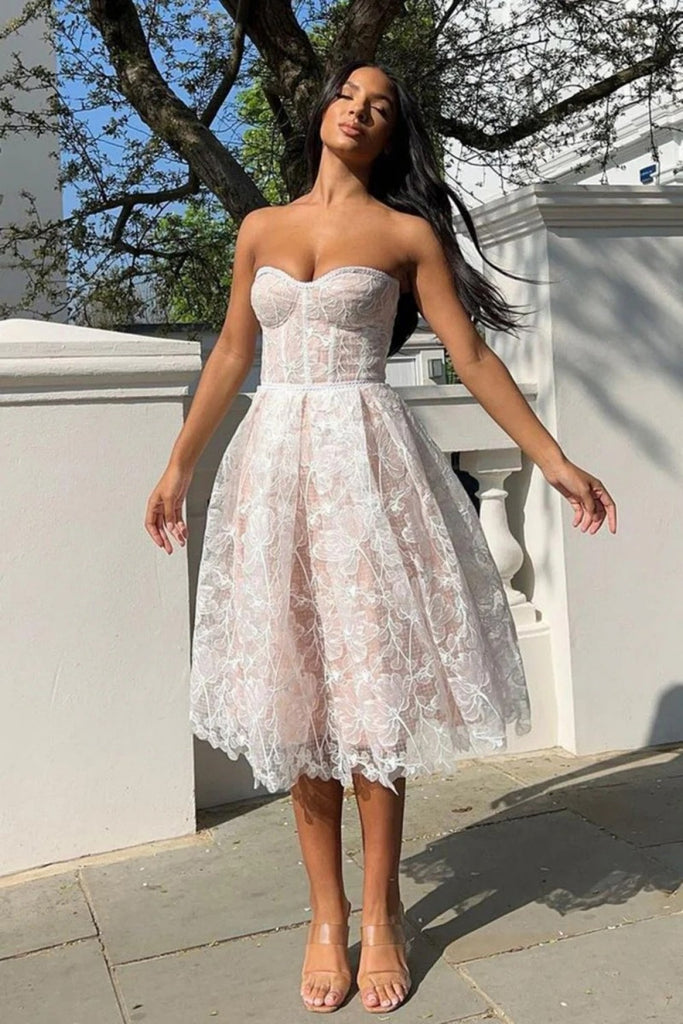 Furlla Women Elegant A-Line Strapless Lace Corset Homecoming Dress with Flowing Skirt – Furlla Official