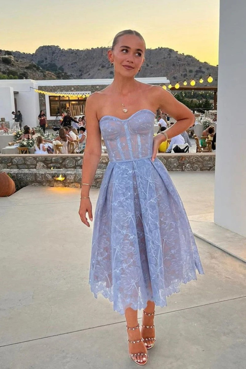 Elegant A-Line Strapless Lace Corset Homecoming Dress with Flowing Skirt