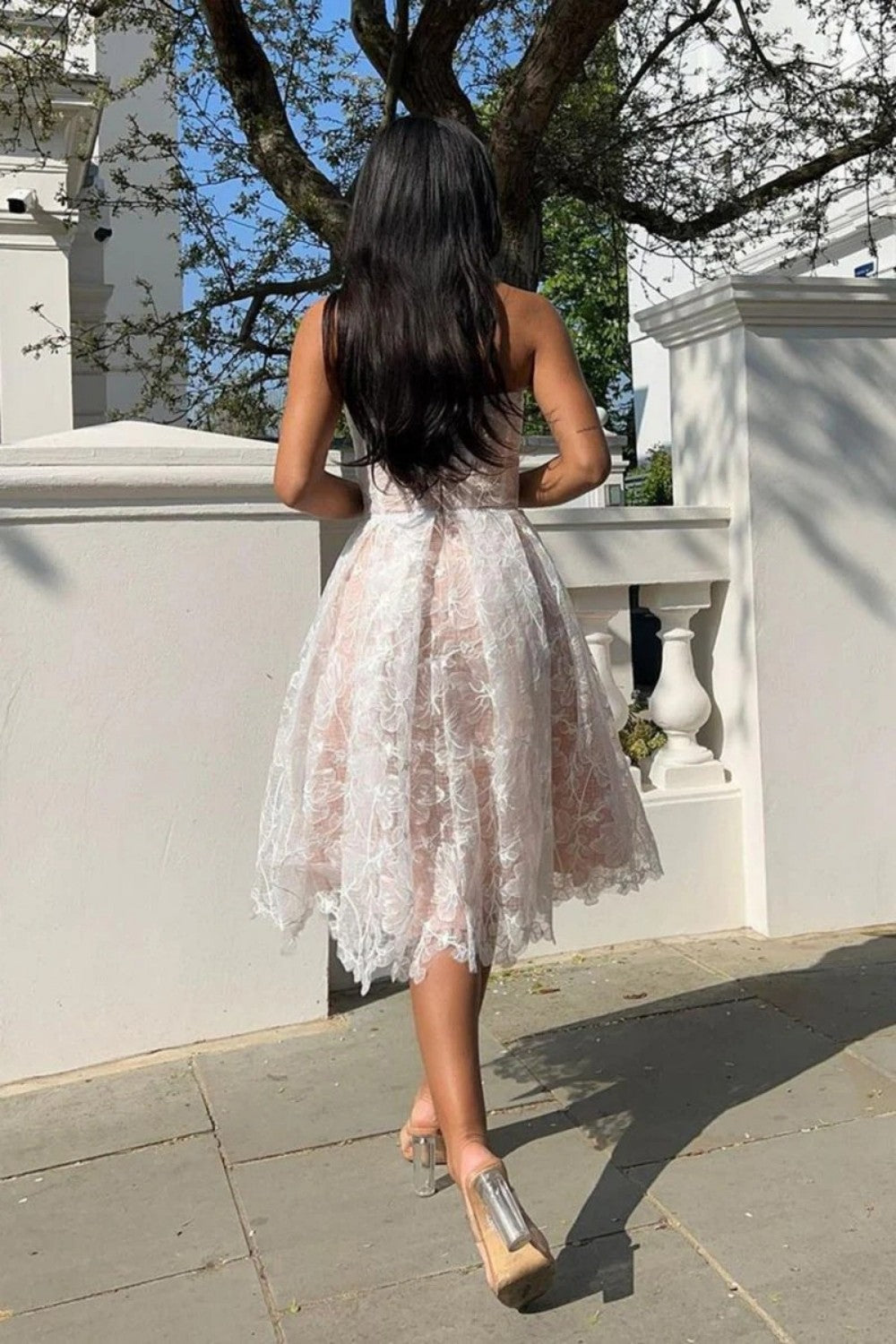 Elegant A-Line Strapless Lace Corset Homecoming Dress with Flowing Skirt
