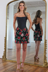 Elegant Black Corset Homecoming Dress with Red Floral Sequin Mini Skirt