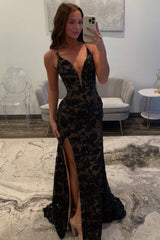 Elegant Black Sparkle Lace Mermaid Prom Dress with Plunge Neck