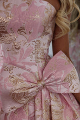 Romantic Strapless Jacquard Homecoming Dress with Side Bow and A Line Mini Skirt