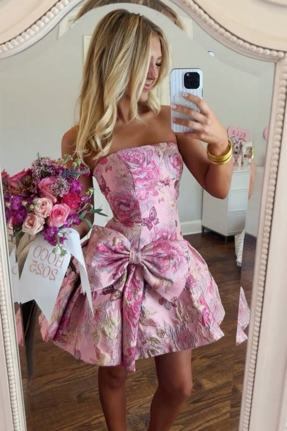 Romantic Strapless Jacquard Homecoming Dress with Side Bow and A Line Mini Skirt