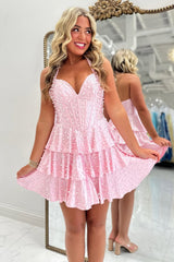Elegant Sparkle Pearl Corset Homecoming Dress with Flowy Tiered Skirt