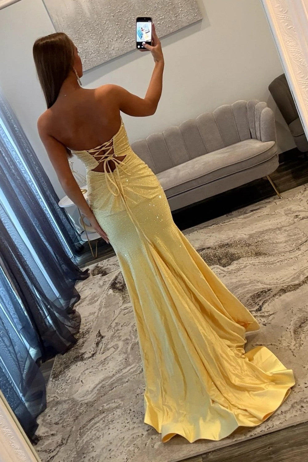 Furlla Women Elegant Yellow Strapless Long Beaded Evening Dress with Front Cutout and Slit Furlla Official Furlla Women Elegant Yellow Strapless Long Beaded Evening Dress with Front Cutout and Slit Furlla Official