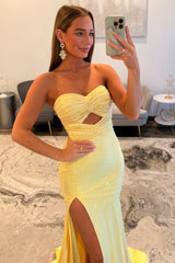 Elegant Yellow Strapless Long Beaded Evening Dress with Front Cutout and Slit