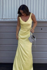 Elegant Yellow V-Neck Backless Satin Prom Gown with Cross Straps