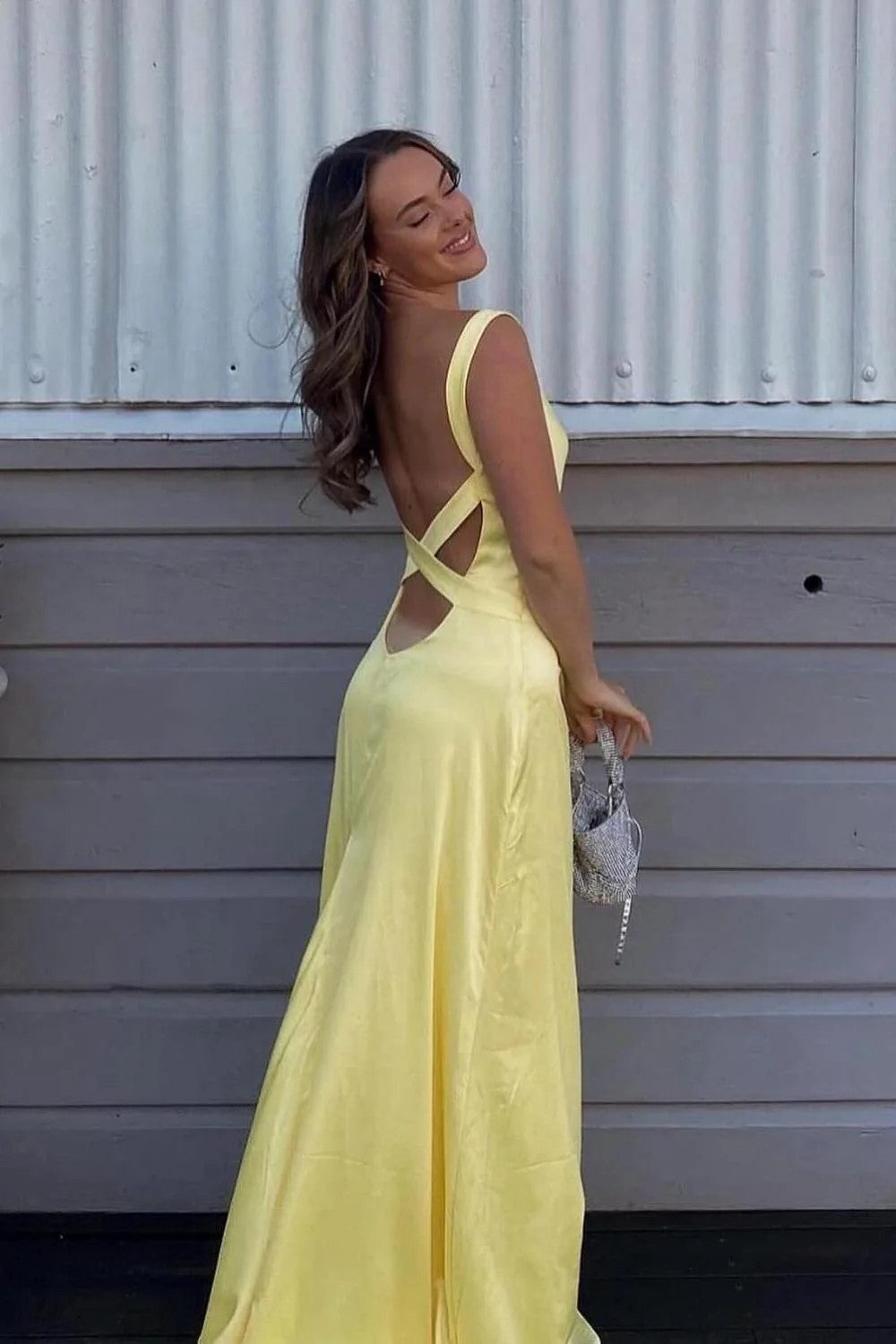 Elegant Yellow V-Neck Backless Satin Prom Gown with Cross Straps