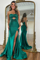Emerald Green Strapless Cut-Out Sparkly Prom Dress with High Slit and Lace-Up Back