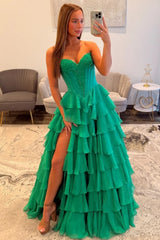 Emerald Green Sweetheart Corset Prom Dress with Tiered Ruffles and High Slit