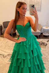 Emerald Green Sweetheart Corset Prom Dress with Tiered Ruffles and High Slit