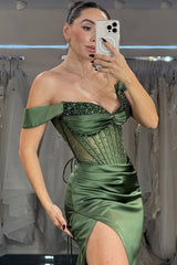 Emerald Off-Shoulder Beaded Corset Prom Dress with High Slit