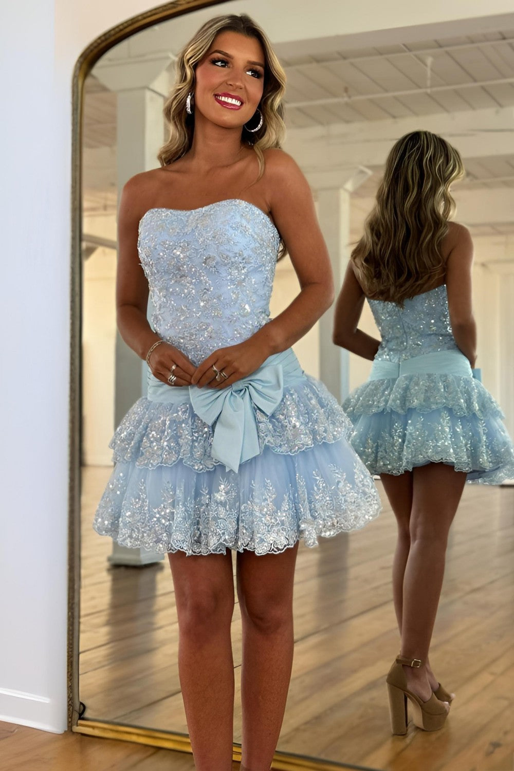 Fairy-like Glitter Pink A-Line Strapless Low Waist Short Sequin Homecoming Dress