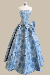 Fairy Tale Dusty Blue Floral Jacquard Ball Gown Prom Dress with Oversized Bow