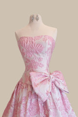 Fairy Tale Dusty Blue Floral Jacquard Ball Gown Prom Dress with Oversized Bow
