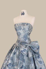Fairy Tale Dusty Blue Floral Jacquard Ball Gown Prom Dress with Oversized Bow