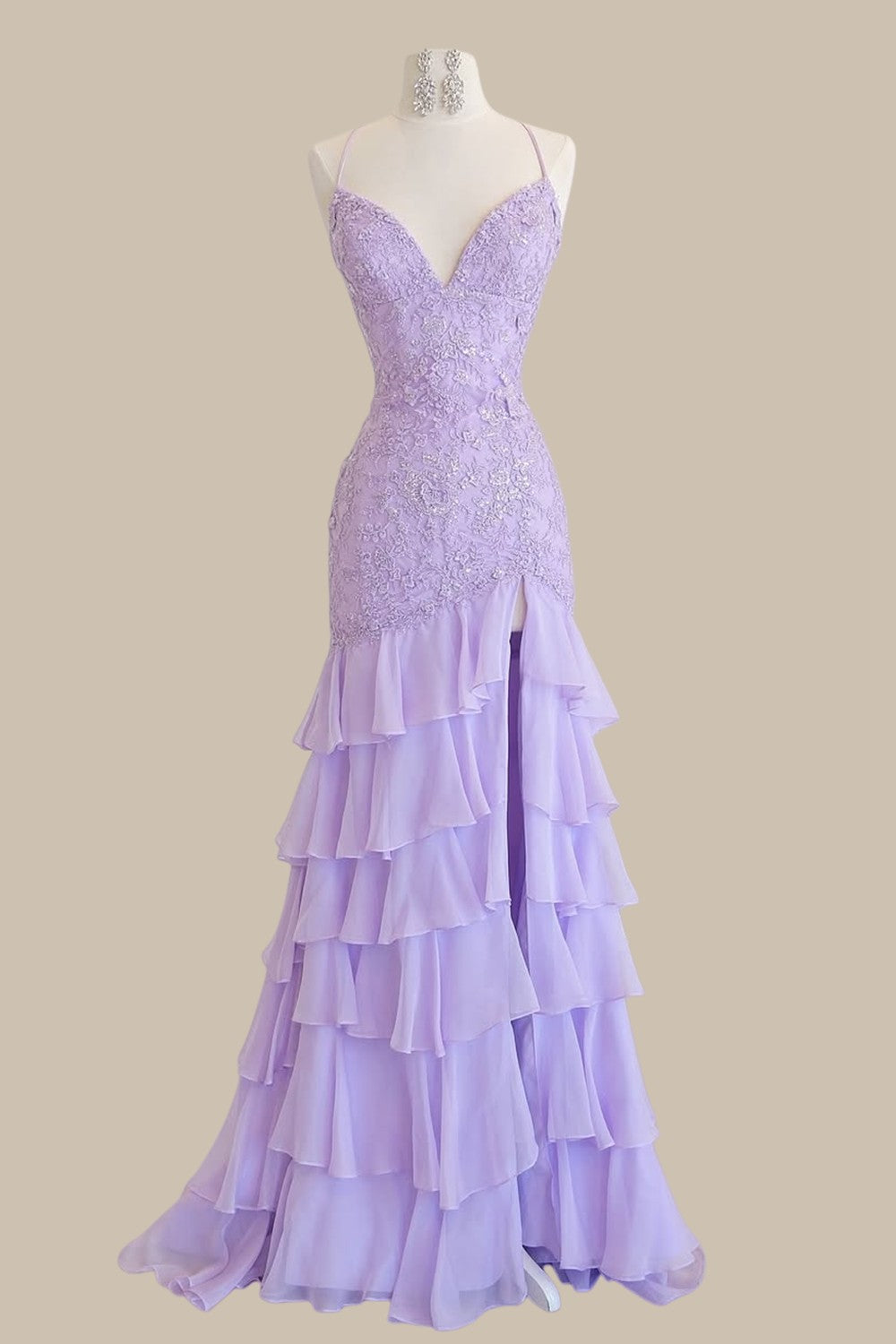 Fairy Tale Lalic Mermaid Lace Prom Dress with Cascading Ruffle Train