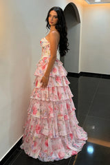 Fairytale Pink Floral Strapless Prom Dress with Corset Bodice and Ruffle Skirt