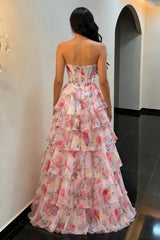 Fairytale Pink Floral Strapless Prom Dress with Corset Bodice and Ruffle Skirt