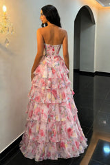 Fairytale Pink Floral Strapless Prom Dress with Corset Bodice and Ruffle Skirt