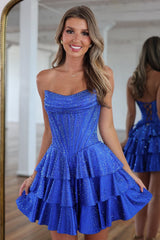 Fashion Glitter Homecoming Dress with Corset Bodice and Layered Mini Skirt