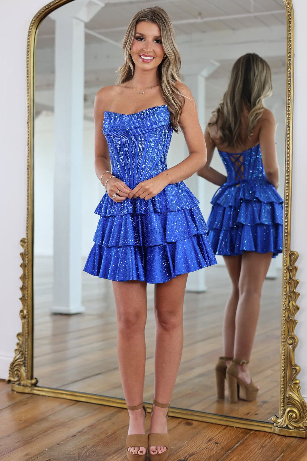 Fashion Glitter Homecoming Dress with Corset Bodice and Layered Mini Skirt