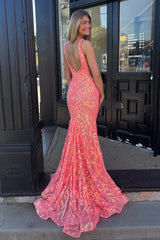 Fashionable Mermaid V Neck Orange Sequins Long Prom Dress with Open Back