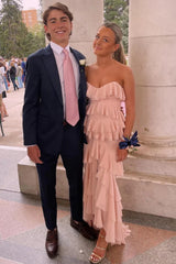 Feminine Blush Pink Strapless Layered Ruffle Prom Dress with Tiered Skirt