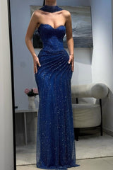 Fitted Dark Blue Halter Evening Gown with Ruched Detailing and Scarf