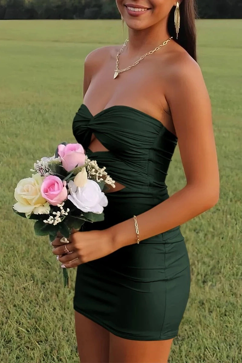 Elegant Strapless Yellow Ruched Bodycon Homecoming Dress with Cutout Detail