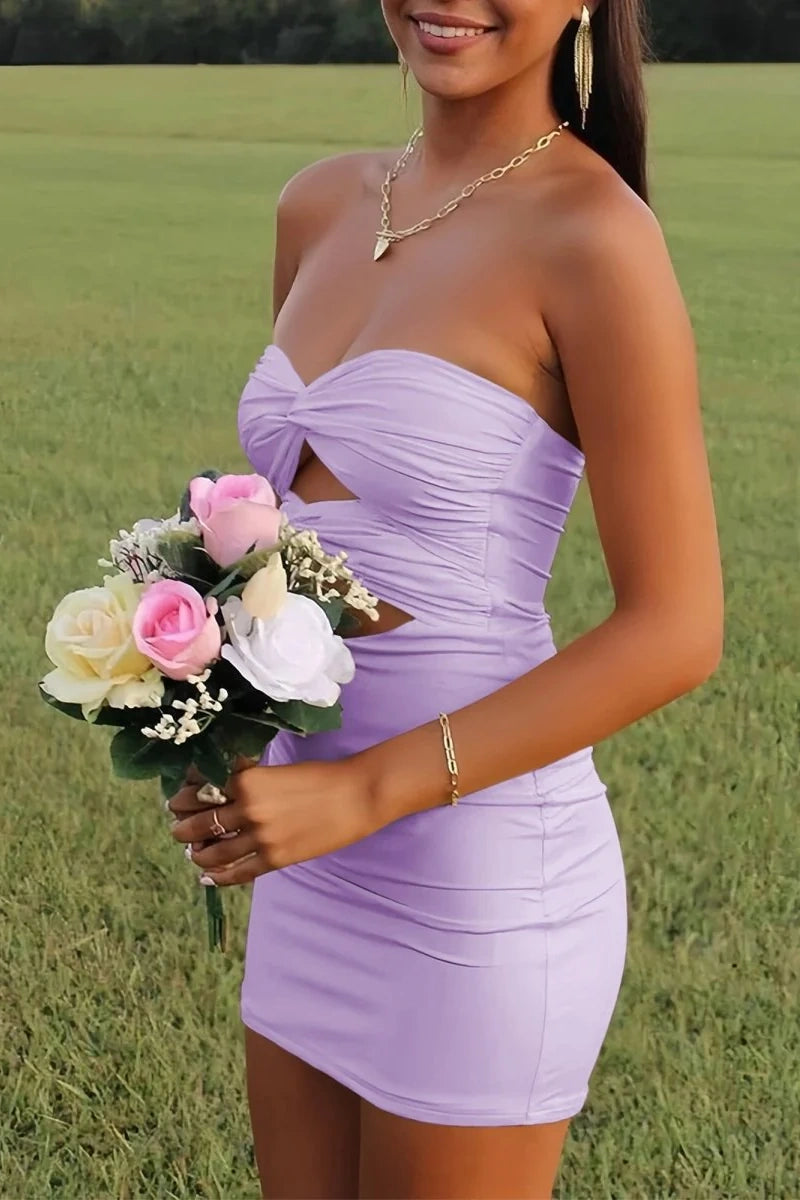 Furlla Women Elegant Strapless Yellow Ruched Bodycon Homecoming Dress with Cutout Detail, Lilac / US4
