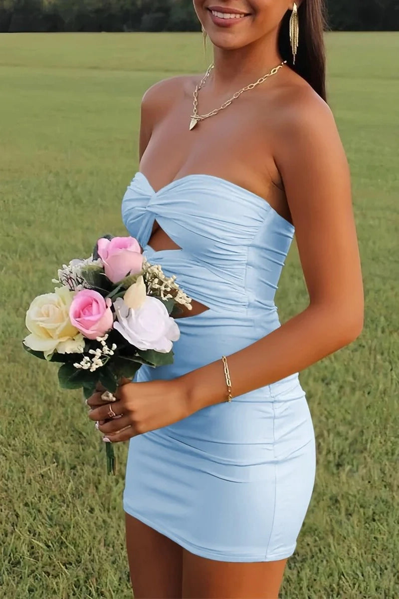 Furlla Women Elegant Strapless Yellow Ruched Bodycon Homecoming Dress with Cutout Detail, Light Blue / Custom size