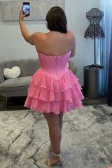 Flirty Pink Corset Bodice Homecoming Dress with Tiered Skirt