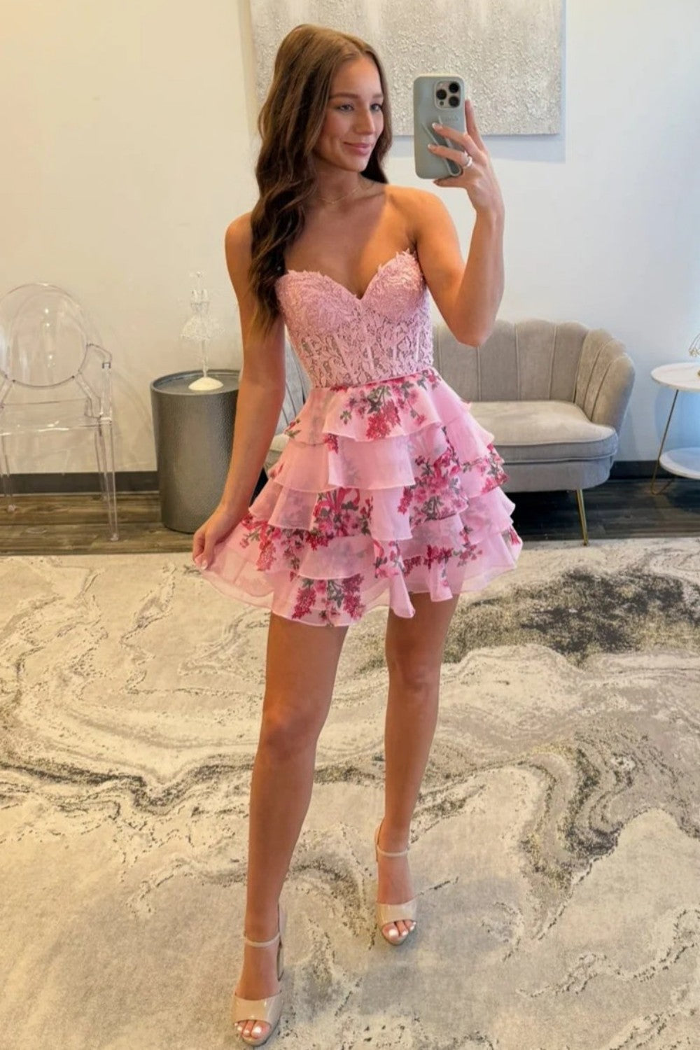 Floral A-Line Sweetheart Corset Homecoming Dress with Ruffled Tulle Skirt
