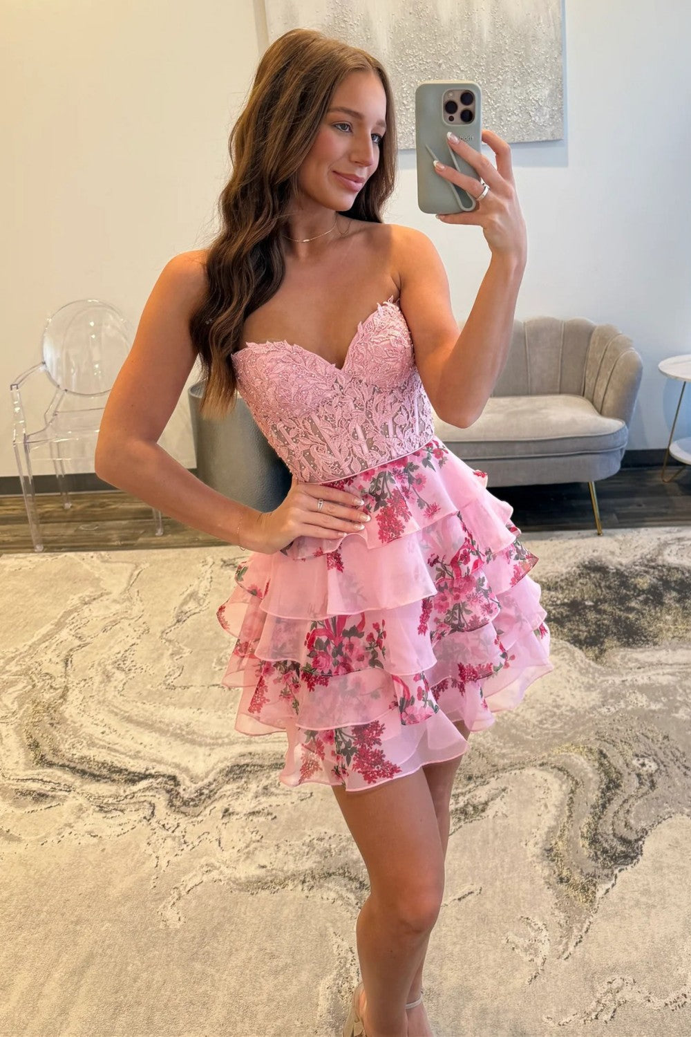 Floral A-Line Sweetheart Corset Homecoming Dress with Ruffled Tulle Skirt