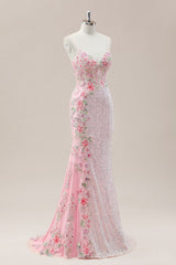 Pink Prom Dress in Mermaid Style Featuring Floral Appliqués and Shimmering Sequins