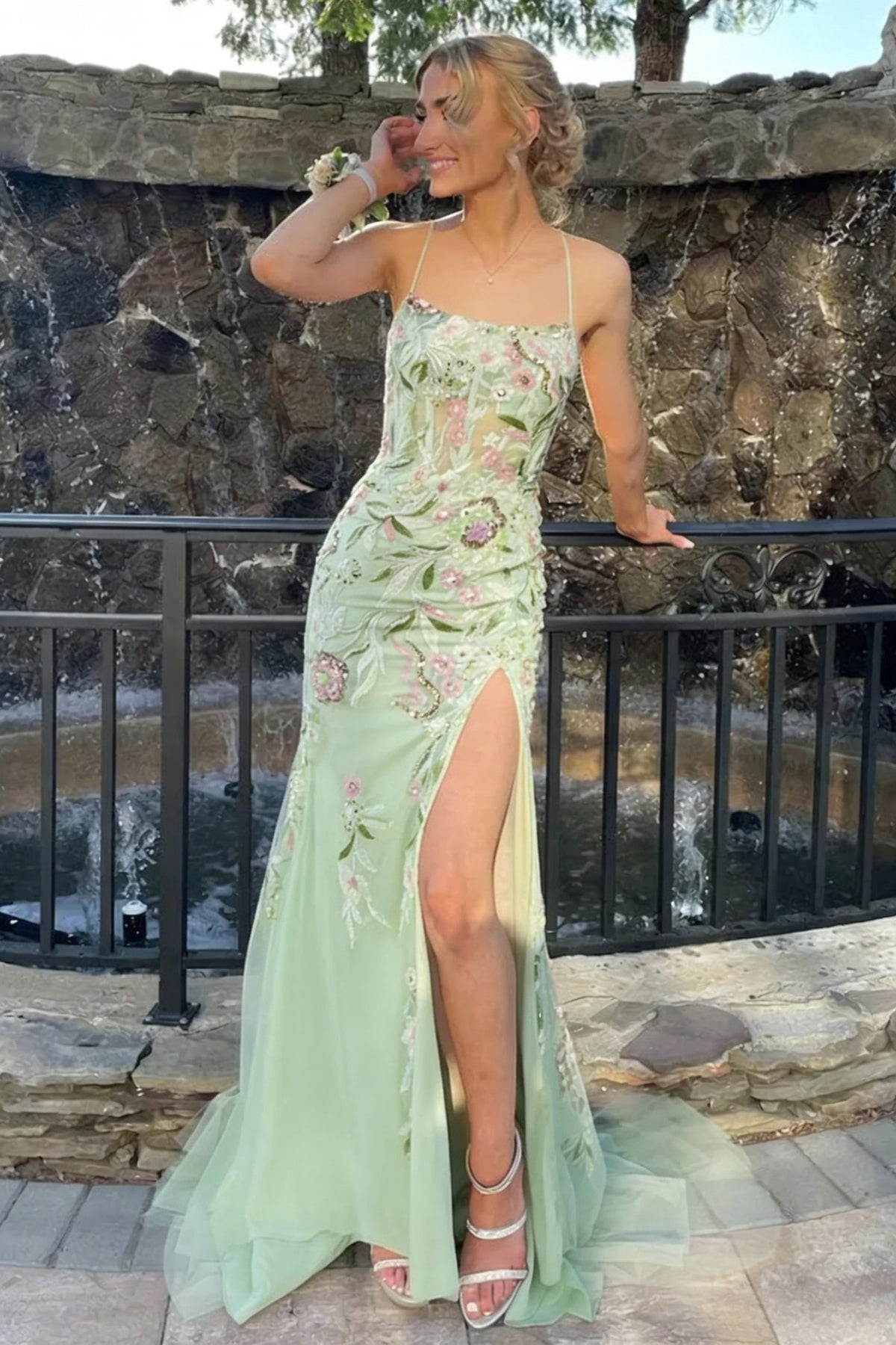 Floral Embroidered Sheath Prom Dress with Spaghetti Straps and High Slit