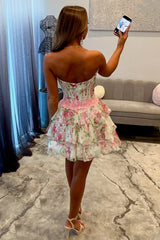 Floral Print Corset Homecoming Dress with Lace Appliqué and Tiered Ruffle Skirt