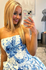 Floral Strapless Homecoming Dress with Oversized Bow and Flared Mini Skirt