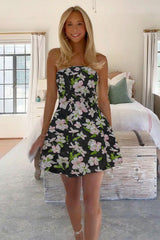 Light Green Floral Jacquard Homecoming Dress Strapless A Line Mini Dress