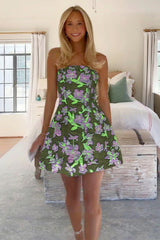 Light Green Floral Jacquard Homecoming Dress Strapless A Line Mini Dress
