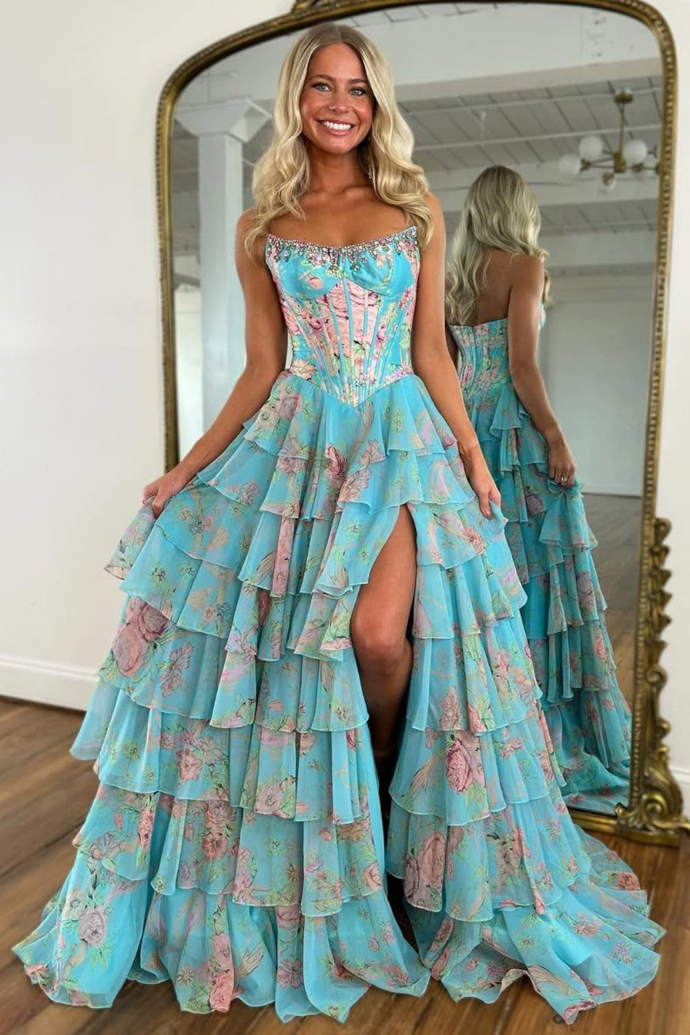 fitted floral a line dress Floral Print One Shoulder A Line Gown 46319