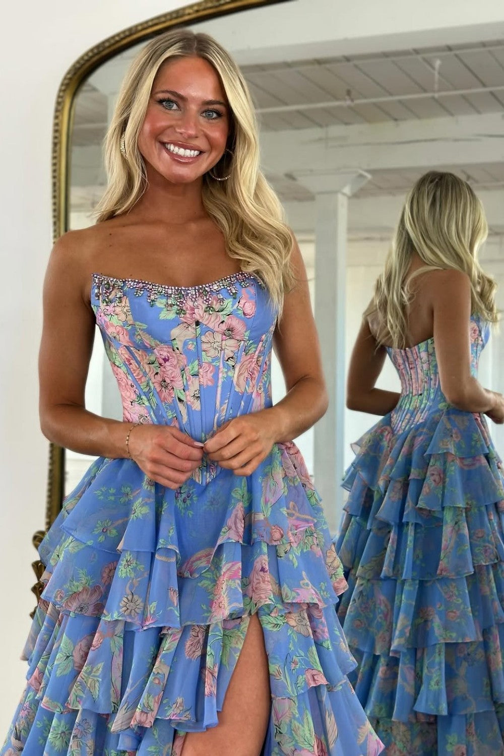 Ruffle Front Furlla Women Floral Print Tiered Ruffle Prom Dress with Sparkle Corset ...