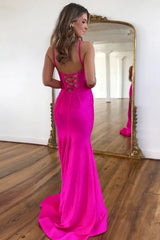 Fuchsia Beaded Mermaid Prom Dress with Spaghetti Straps and Lace-Up Back