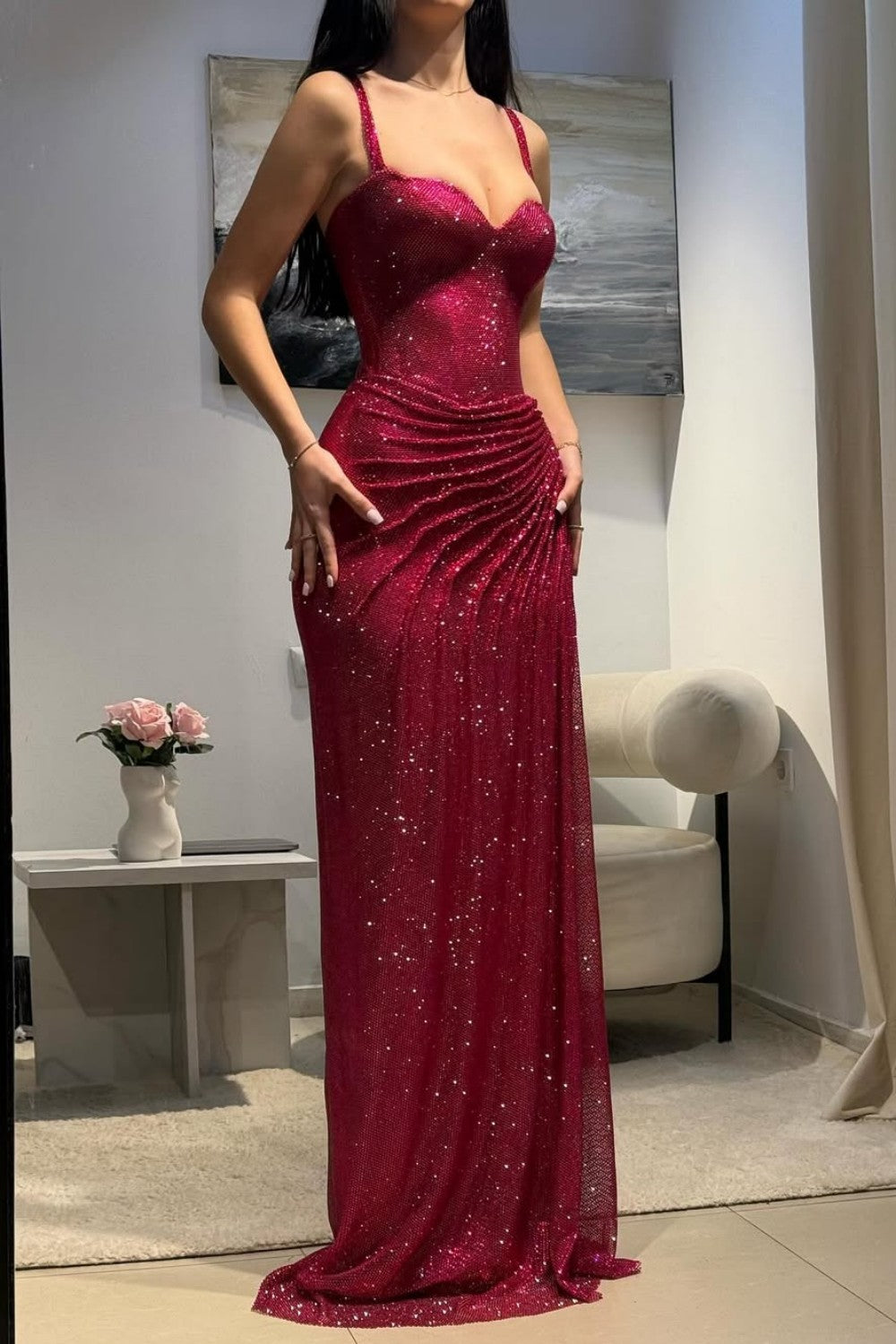 Furlla Women Dark Red Glitter Bodycon Homecoming Dress with Sweetheart Neck Spaghetti Straps Ruched Side Slit Furlla Official Furlla Women Dark Red Glitter Bodycon Homecoming Dress with Sweetheart Neck Spaghetti Straps Ruched Side Slit Furlla Official