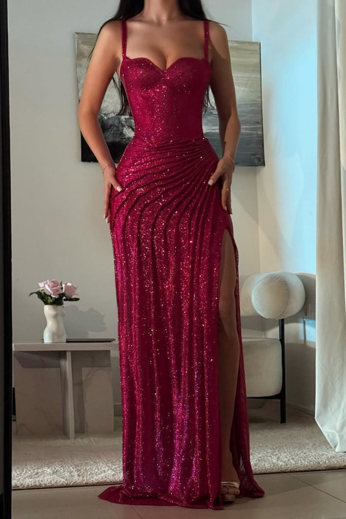 Furlla Women Dark Red Glitter Bodycon Homecoming Dress with Sweetheart Neck Spaghetti Straps Ruched Side Slit – Furlla Official