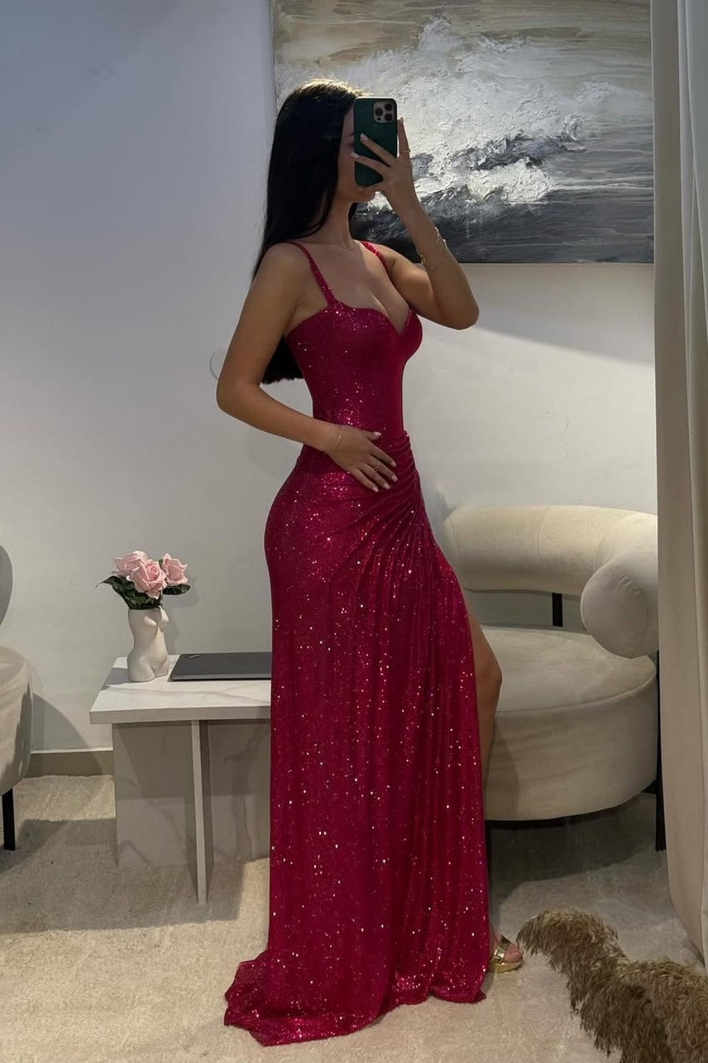 Dark Red Glitter Bodycon Homecoming Dress with Sweetheart Neck Spaghetti Straps Ruched Side Slit