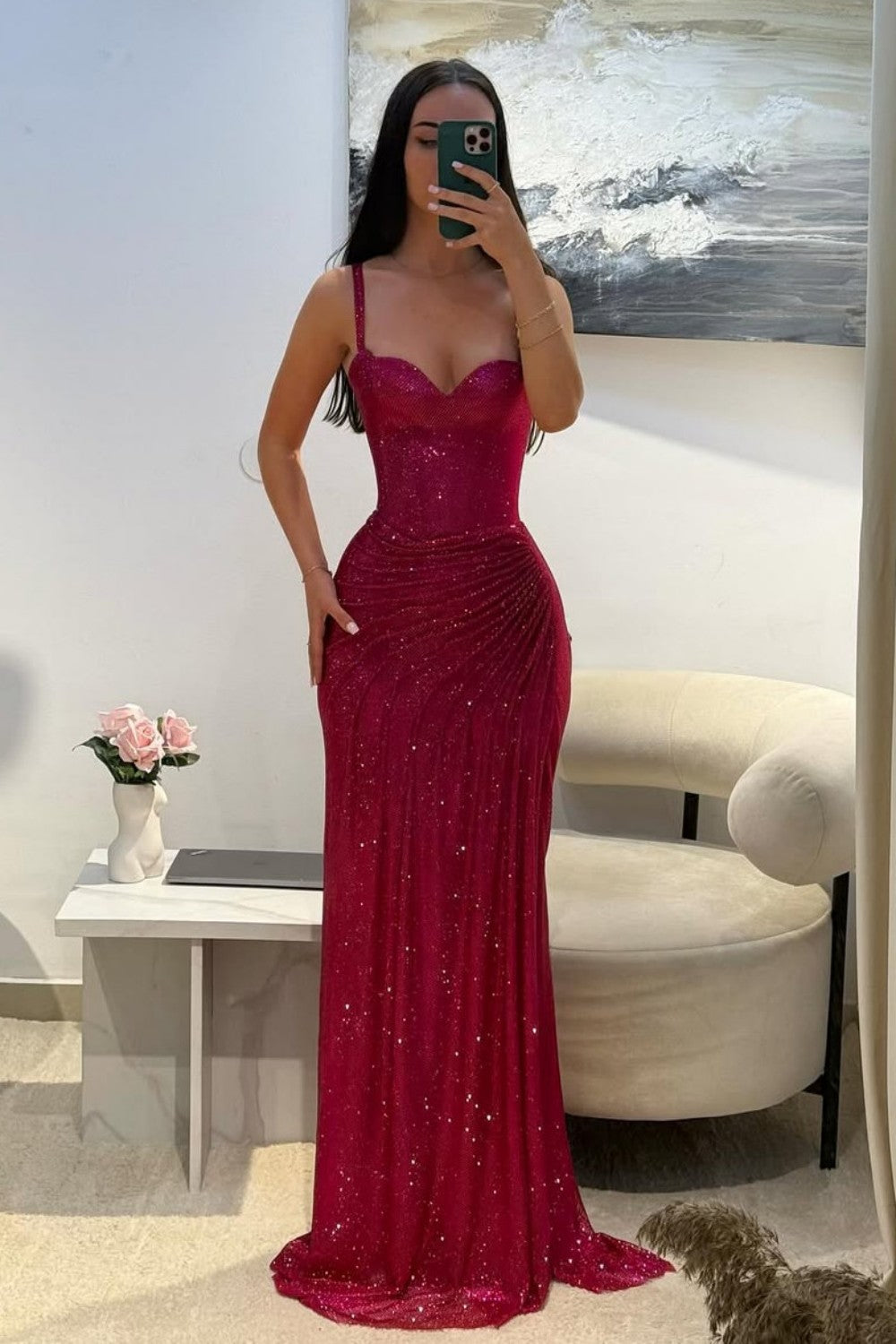 Dark Red Glitter Bodycon Homecoming Dress with Sweetheart Neck Spaghetti Straps Ruched Side Slit