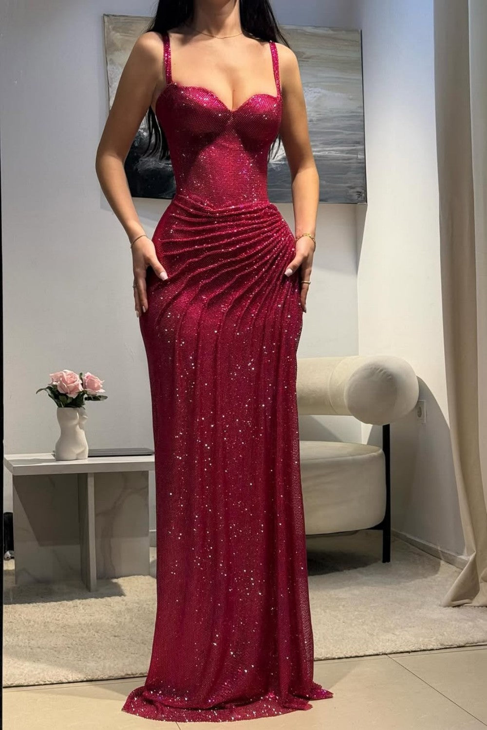 Dark Red Glitter Bodycon Homecoming Dress with Sweetheart Neck Spaghetti Straps Ruched Side Slit
